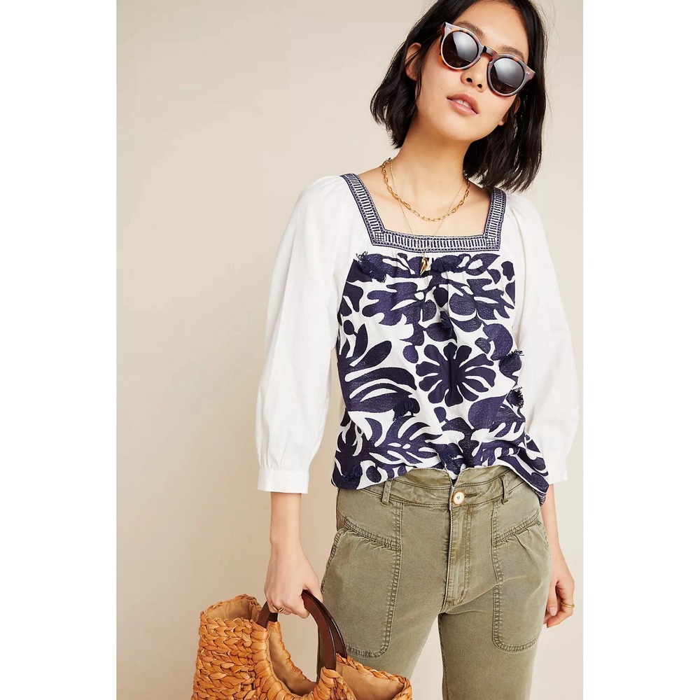 Maeve Anthropologie Liyah Embroidered Square‎ Neck Peasant Blouse 2 Cotton/Linen